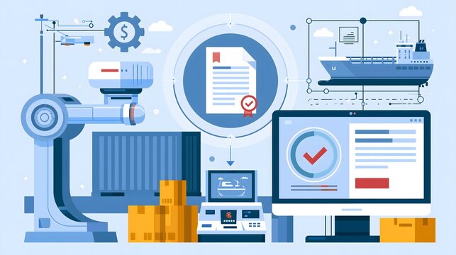 flat vector illustration of automated customs clearance system, cargo containers passing through smart port scanning equipment, digital document verification, automated approval interface, cargo ship
