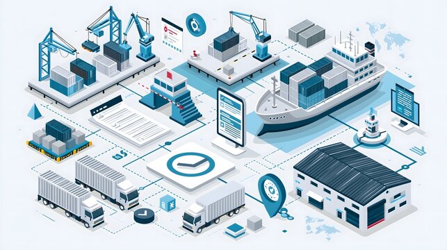 premium flat vector illustration of complete international shipping and customs clearance ecosystem, freight containers, cargo ship, port cranes, customs checkpoint, logistics documents, digital