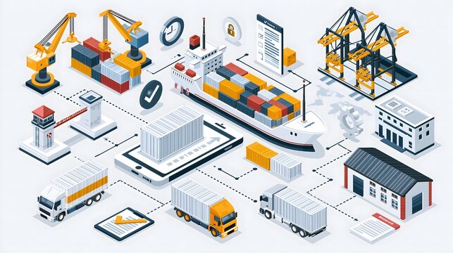 premium flat vector illustration of complete international shipping and customs clearance ecosystem, freight containers, cargo ship, port cranes, customs checkpoint, logistics documents, digital