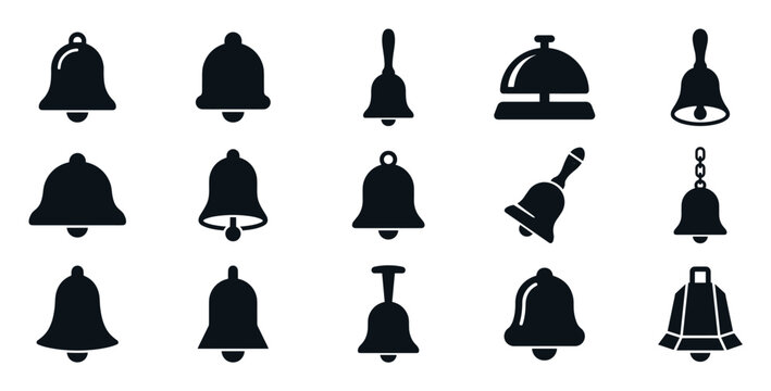 Collection of black bell silhouette icons in various styles, including handbells and service bells, representing notifications, alerts, and alarms for user interface design