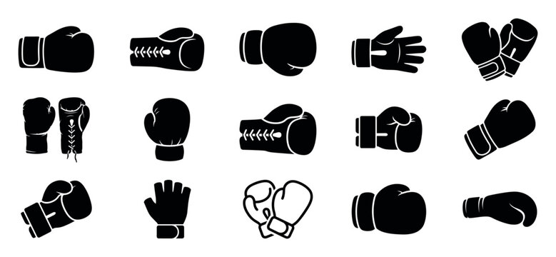 Set of black boxing glove icons and silhouettes in various styles for combat sports, including MMA and kickboxing, presented as a collection of minimalist vector glyphs for design