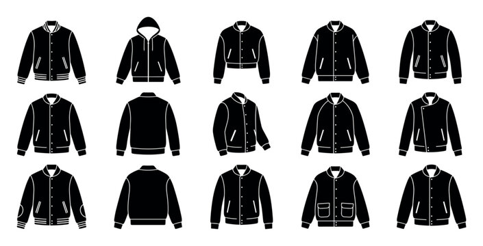 Collection of black silhouette bomber jackets, varsity jackets, and hoodies are displayed in various front, back, and side views, showcasing different collar, pocket, and sleeve details