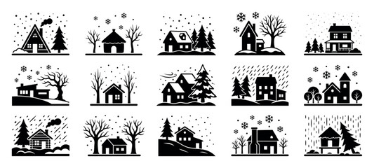 Fototapeta premium Collection of black winter house icons depicting cozy cabins and cottages in snowy landscapes with trees, snowflakes, and various weather conditions in a simple graphic style