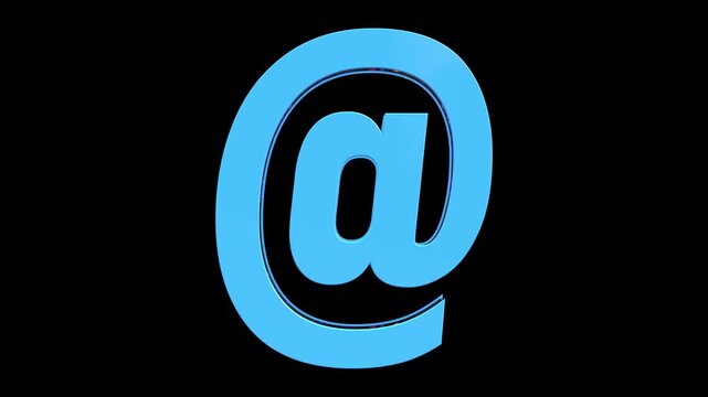 3D Blue Glass At Sign Symbol Animation with Glitter Reflection Rotating on Black Background, Email and Digital Communication Graphic