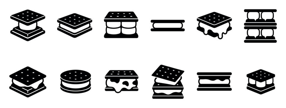 Set of black s'mores glyph icons shows the classic campfire dessert with graham crackers, marshmallows, and melting chocolate in various simple, flat, and isometric designs