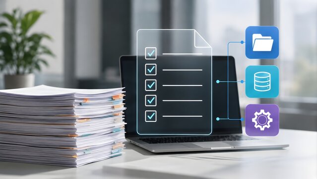 Concept of paperless office transition showing physical documents beside a laptop with a glowing digital checklist and database management icons