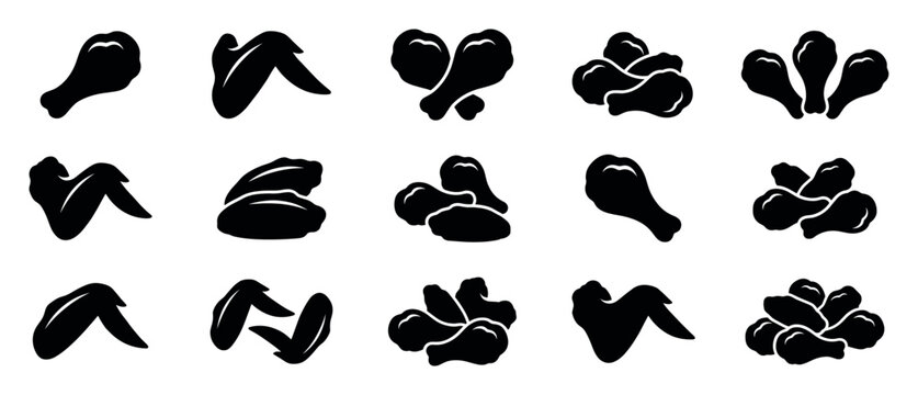 Black chicken wing and drumstick silhouettes set in various arrangements for food menu design, showing single pieces, pairs, and piles in a minimalist graphic style