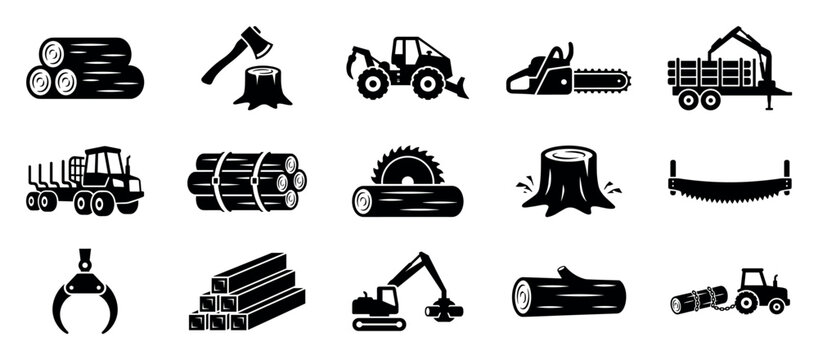 Set of black silhouette icons representing the logging industry with various tools and machinery like a chainsaw, axe, tractor, and truck for wood and timber processing