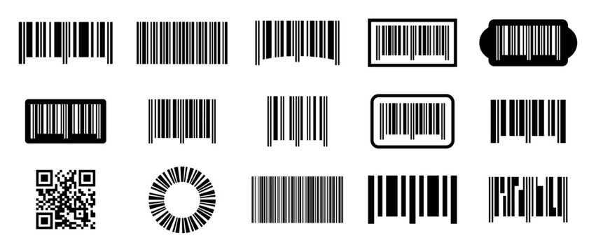 Collection of black barcode and QR code icons in various shapes and styles for product identification, including linear, circular, and two-dimensional matrix designs
