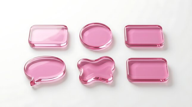 Collection of six translucent pink glass shapes including rounded rectangles circles speech bubbles and abstract forms for design elements.