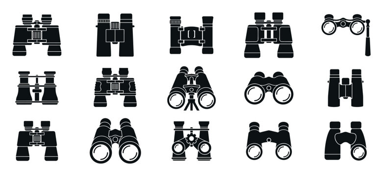 Collection of black binocular icon silhouettes showing various designs of optical equipment, including modern, classic, and opera glasses in a simple graphic illustration set