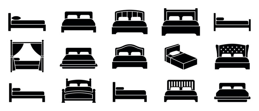 Diverse set of black bed icons featuring various furniture designs from single to double, including canopy and tufted headboards, shown in front, side, and isometric views