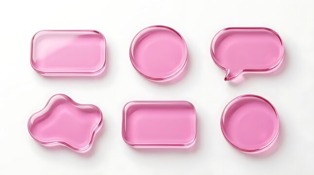 Collection of six translucent pink glass shapes including rounded rectangles circles speech bubbles and abstract forms for design elements.