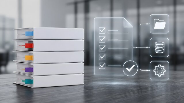Concept of paperless office transition showing a stack of physical binders next to a glowing holographic digital checklist and database management interface