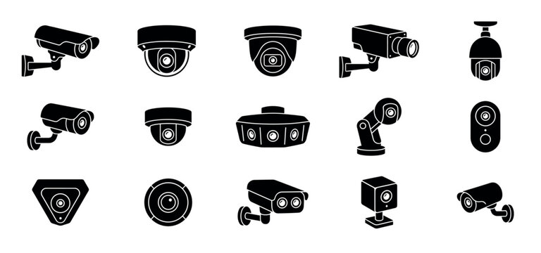 Collection of black security camera icons showing various types of surveillance equipment like dome, bullet, and PTZ cameras for home and business protection systems