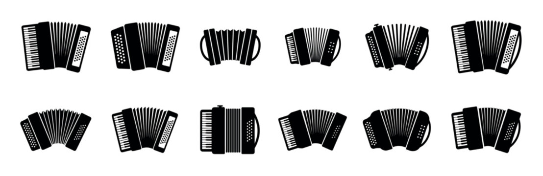 Set of various black accordion musical instruments, including piano and button types, displayed as a collection of twelve minimalist graphic silhouettes