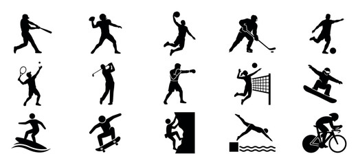 Fototapeta premium Collection of black sport athlete icons showing people playing baseball, football, basketball, hockey, and other popular athletic games in a minimalist graphic style