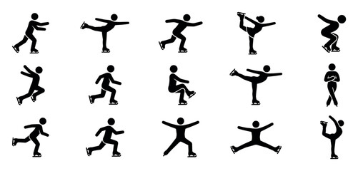 Fototapeta premium Set of black stick figure icons showing people ice skating in various dynamic poses and figure skating moves, presented as a simple graphic pictogram collection for sports concepts