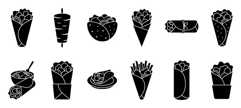 Collection of black shawarma and doner kebab icons showing various street food meals like wraps, gyros, and vertical rotisserie meat in a simple glyph vector style illustration set