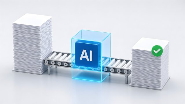 Minimalist 3D render of automated artificial intelligence workflow showing a conveyor belt processing physical papers into verified digital documents