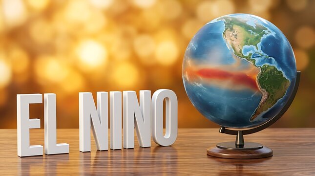 El nino white 3d text beside desk globe illustrating pacific ocean heat anomaly current in red hues on polished wood surface with glowing bokeh background for climate presentations.