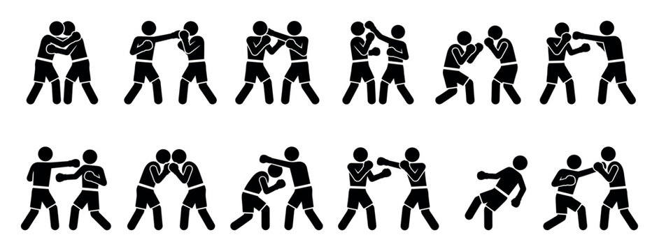 Black stick figure icons set of two boxers fighting, showing various combat sport poses, actions, and techniques like punching, blocking, clinching, and a knockout