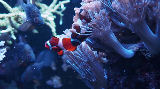 Clownfish interacting with a large sea anemone in a vibrant marine aquarium