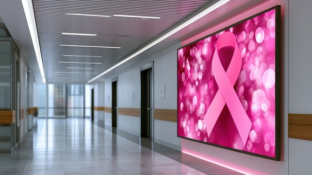 Pink ribbon awareness displayed prominently on a large digital screen, concept for women's health campaigns and breast cancer support within a modern hospital corridor