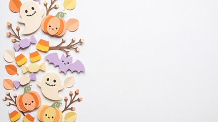 Fototapeta premium Cute Halloween Left Edge Border with Ghost Pumpkin and Bat Paper Cut Illustration on White Background