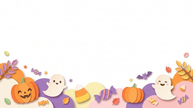 Cute Halloween Bottom Border with Pumpkin and Candies Paper Cut Illustration on White Background