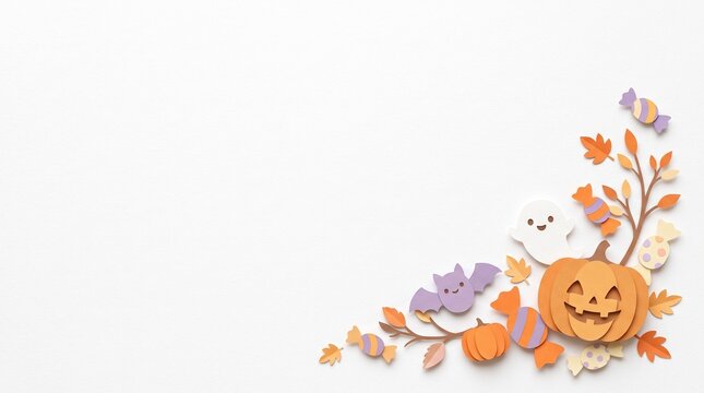 Cute Halloween Pumpkin Ghost Corner with Bat and Candies Paper Cut Illustration on White Background