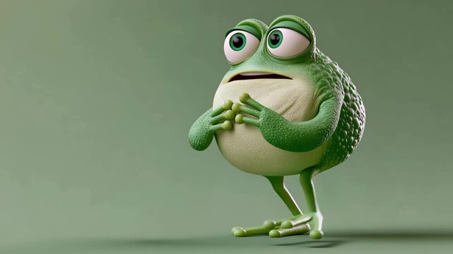 Cute green frog cartoon character walking through a colorful tropical jungle, playful animated animal exploring lush nature with vibrant plants and whimsical scenery