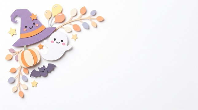 Cute Halloween Party Corner with Ghost and Witch Hat Paper Cut Illustration on White Background