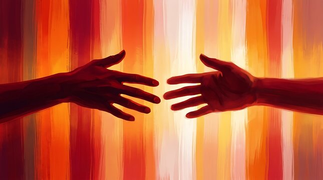 Artistic oil painting of two hands reaching out towards central bright glow surrounded by vertical warm orange and red stripes symbolizing mutual help assistance and human compassion.