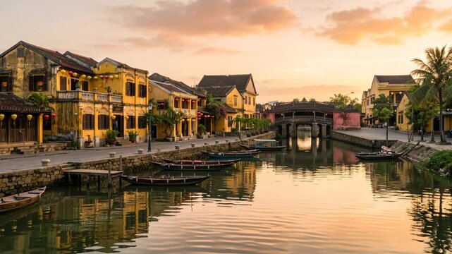 beautiful hoi an vietnam river scene with traditional boats in warm daylight video
