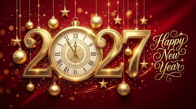 Golden 2027 Happy New Year celebration with ornate clock and hanging ornaments for festive holiday greetings and seasonal advertising invitations and backgrounds.