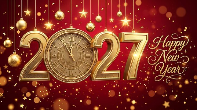 golden 2027 new year numbers with elegant clock and festive decorations against rich red background with bokeh lights for celebration and greeting cards.