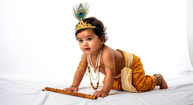 Cute Indian Baby Dressed as Lord Krishna Crawling with Flute for Janmashtami Celebration