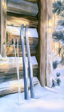 Watercolor painting of modern skis leaning against a rustic cabin wall in a peaceful winter forest