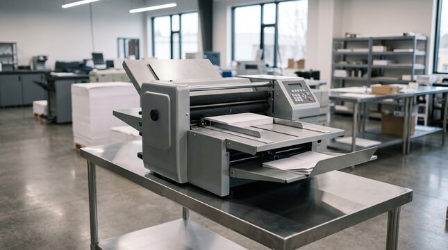 Industrial paper creasing machine for professional document finishing in a print shop.