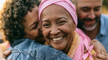 Fototapeta premium Joyful woman embraces loved ones, adorned with a vibrant pink ribbon headscarf, representing hope and solidarity, concept for women's health awareness