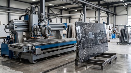 Fototapeta premium Industrial stone edge polishing machine processing granite slab in a manufacturing workshop