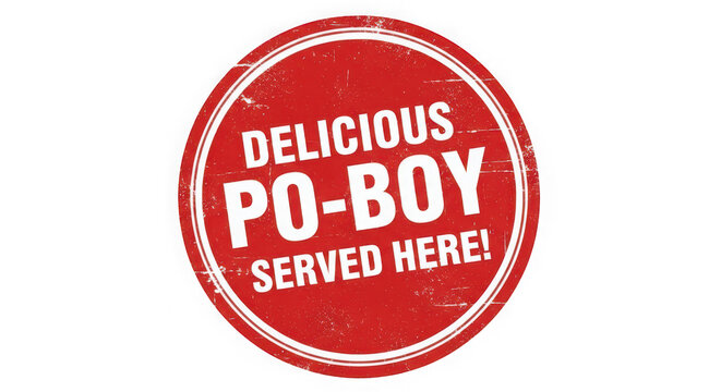 Round red stamp label with text delicious po boy served here isolated on transparent background