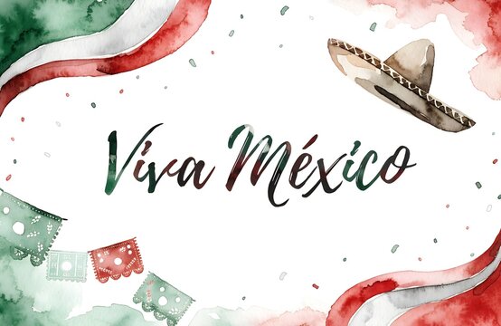 Mexican Independence Day Viva Mexico watercolor design with flag brush strokes sombrero papel picado festive decorations cultural pride patriotic heritage commercial artwork  generated ai