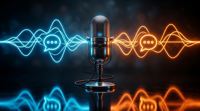 Vintage microphone on reflective surface with blue and orange sound waves and chat bubbles representing audio broadcast and online communication.