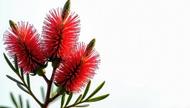 bottlebrush flower cluster with red cylindrical blooms and green lanceolate leaves close up, detailed pollen laden stamens and branch texture,