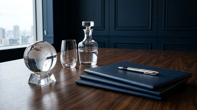 Crystal globe and leather folders on a luxury office desk for international business.