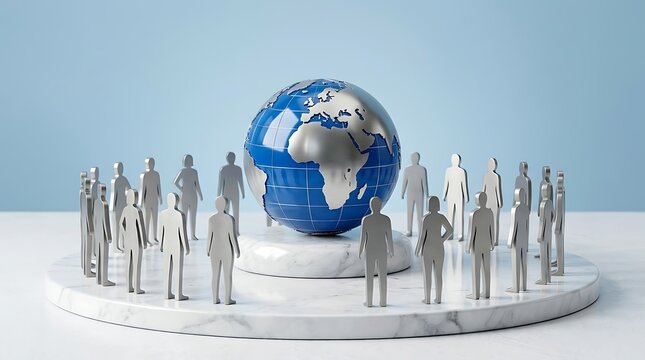 Metal human figures standing in a circle around a blue globe on a marble platform.