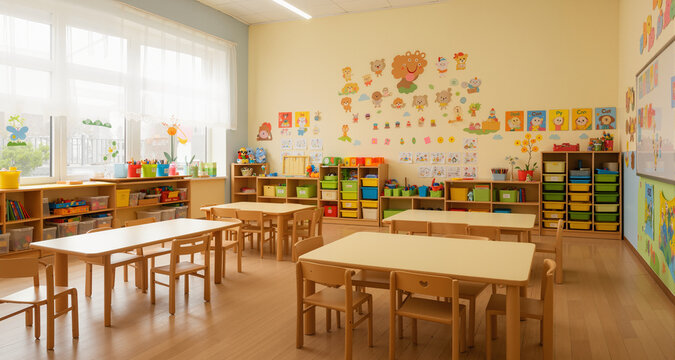 Empty kindergarten classroom interior waiting for children
