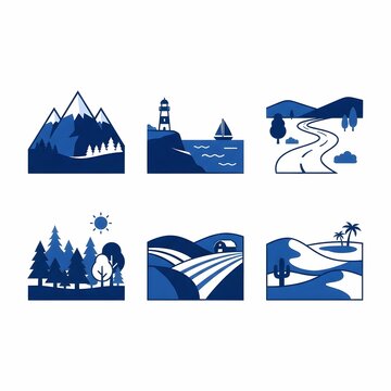 Set of Six Blue Landscape Icons on White Background